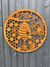 Indlæs billede til gallerivisning Handmade rusty 60cm rusty wall plaque of bees and honeycomb Tree Wall Plaque, rusty patina , Garden Wall Art - Marissa's Garden & Gift