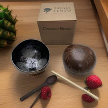Load image into Gallery viewer, Handmade hand-painted grey leaf design food safe coconut bowl and spoon Set with free gift bamboo straw and gift box

