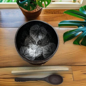 Handmade hand-painted grey leaf design food safe coconut bowl and spoon Set with free gift bamboo straw and gift box
