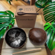 Load image into Gallery viewer, Handmade hand-painted grey leaf design food safe coconut bowl and spoon Set with free gift bamboo straw and gift box

