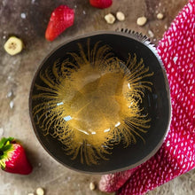 Load image into Gallery viewer, Handmade food safe hand painted gold large feather patterned coconut bowl and spoon Set eco-friendly with free bamboo straw and gift box - Marissa's Garden & Gift