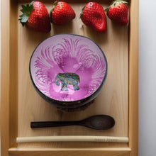 Load image into Gallery viewer, Handmade hand painted white and pink with elephant  design food safe coconut bowl and spoon Set with free gift bamboo straw and gift box
