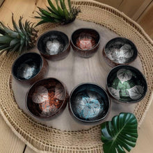 Load image into Gallery viewer, Handmade hand painted green leaf design food safe coconut bowl and spoon Set with free gift bamboo straw and gift box
