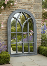 Load image into Gallery viewer, Belgravia Grey with white touch arched Outdoor/Indoor mirror measuring 76 x 51 x 4cm