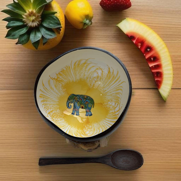 Handmade hand painted white and yellow with elephant  design food safe coconut bowl and spoon Set with free gift bamboo straw and gift box