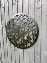 Load image into Gallery viewer, Handmade black 60cm wall plaque of birds wall with fern leaves plaque, powder coated  Metal, Garden/indoor Wall Art/ hand painted
