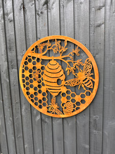 Handmade rusty 60cm rusty wall plaque of bees and honeycomb Tree Wall Plaque, rusty patina , Garden Wall Art