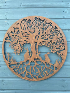 Handmade rusty 61.5cm wall plaque of rabbits Woodland animals Tree Wall Plaque, Rusted Aged Metal, Garden Wall Art
