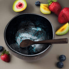 Afbeelding in Gallery-weergave laden, Handmade hand painted blue leaf design food safe coconut bowl and spoon Set with free gift bamboo straw and gift box - Marissa's Garden & Gift