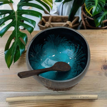 Load image into Gallery viewer, Handmade hand painted turquoise feather design food safe coconut bowl and spoon Set with free gift bamboo straw and gift box
