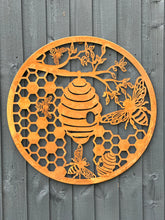 Load image into Gallery viewer, Handmade rusty 60cm rusty wall plaque of bees and honeycomb Tree Wall Plaque, rusty patina , Garden Wall Art
