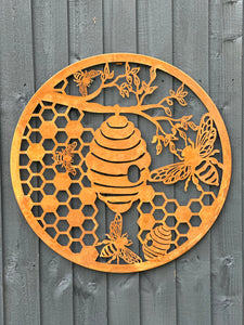 Handmade rusty 60cm rusty wall plaque of bees and honeycomb Tree Wall Plaque, rusty patina , Garden Wall Art