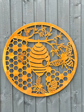 Indlæs billede til gallerivisning Handmade rusty 60cm rusty wall plaque of bees and honeycomb Tree Wall Plaque, rusty patina , Garden Wall Art - Marissa's Garden & Gift