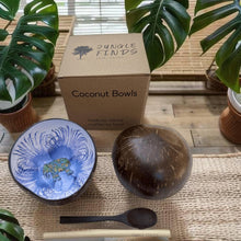 Load image into Gallery viewer, Handmade hand painted white and blue  with elephant  design food safe coconut bowl and spoon Set with free gift bamboo straw and gift box
