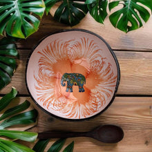 Load image into Gallery viewer, Handmade hand painted white and orange with elephant design food safe coconut bowl and spoon Set with free gift bamboo straw and gift box - Marissa's Garden & Gift