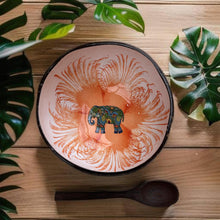 Load image into Gallery viewer, Handmade hand painted white and orange with elephant design food safe coconut bowl and spoon Set with free gift bamboo straw and gift box - Marissa's Garden & Gift