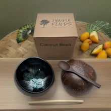Load image into Gallery viewer, Handmade hand painted turquoise leaf design food safe coconut bowl and spoon Set with free gift bamboo straw and gift box
