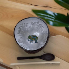 Load image into Gallery viewer, Handmade hand painted white and silver with elephant design food safe coconut bowl and spoon Set with free gift bamboo straw and gift box - Marissa's Garden & Gift