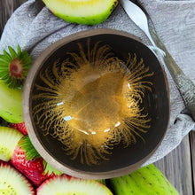 Load image into Gallery viewer, Handmade food safe hand painted gold large feather patterned coconut bowl and spoon Set eco-friendly with free bamboo straw and gift box - Marissa's Garden & Gift
