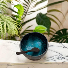 Load image into Gallery viewer, Handmade hand painted turquoise feather design food safe coconut bowl and spoon Set with free gift bamboo straw and gift box
