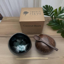 Indlæs billede til gallerivisning Handmade hand painted turquoise leaf design food safe coconut bowl and spoon Set with free gift bamboo straw and gift box - Marissa's Garden & Gift