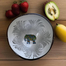 Load image into Gallery viewer, Handmade hand painted white and silver with elephant design food safe coconut bowl and spoon Set with free gift bamboo straw and gift box - Marissa's Garden & Gift