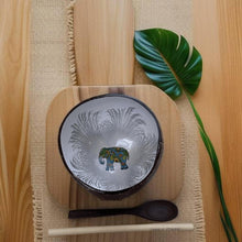 Load image into Gallery viewer, Handmade hand painted white and silver with elephant design food safe coconut bowl and spoon Set with free gift bamboo straw and gift box - Marissa's Garden & Gift
