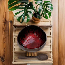 Load image into Gallery viewer, Handmade hand painted red feather design food safe coconut bowl and spoon Set with free gift bamboo straw and gift box
