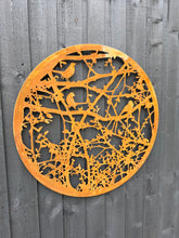Load image into Gallery viewer, Handmade rusty 60cm wall plaque of blackbird, wren and hedgerow Wall Plaque, Rusted Aged Metal indoor/ outdoor Garden Wall Art
