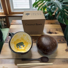 Load image into Gallery viewer, Handmade hand painted white and yellow with elephant design food safe coconut bowl and spoon Set with free gift bamboo straw and gift box - Marissa's Garden & Gift