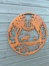 Load image into Gallery viewer, Handmade rusty 61.5cm wall plaque of Woodland animals Tree Wall Plaque, Rusted Aged Metal, Garden Wall Art
