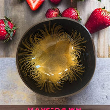 Load image into Gallery viewer, Handmade food safe hand painted gold large feather patterned coconut bowl and spoon Set eco-friendly with free bamboo straw and gift box - Marissa's Garden & Gift