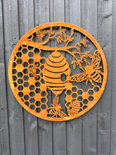 Indlæs billede til gallerivisning Handmade rusty 60cm rusty wall plaque of bees and honeycomb Tree Wall Plaque, rusty patina , Garden Wall Art - Marissa's Garden & Gift