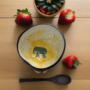 Handmade hand painted white and yellow with elephant  design food safe coconut bowl and spoon Set with free gift bamboo straw and gift box