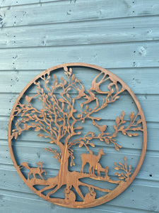 Handmade rusty 61.5cm wall plaque of Woodland animals Tree Wall Plaque, Rusted Aged Metal, Garden Wall Art