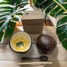 Load image into Gallery viewer, Handmade hand painted white and yellow with elephant  design food safe coconut bowl and spoon Set with free gift bamboo straw and gift box

