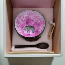 Load image into Gallery viewer, Handmade hand painted white and pink with elephant  design food safe coconut bowl and spoon Set with free gift bamboo straw and gift box
