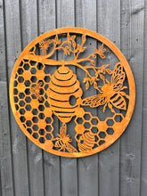 Indlæs billede til gallerivisning Handmade rusty 60cm rusty wall plaque of bees and honeycomb Tree Wall Plaque, rusty patina , Garden Wall Art - Marissa's Garden & Gift