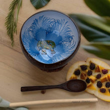 Load image into Gallery viewer, Handmade hand painted white &amp; dark blue with elephant  design food safe coconut bowl and spoon Set with free gift bamboo straw and gift box
