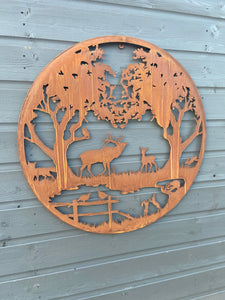Handmade rusty 61.5cm wall plaque of Woodland animals Tree Wall Plaque, Rusted Aged Metal, Garden Wall Art