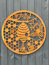 Load image into Gallery viewer, Handmade rusty 60cm rusty wall plaque of bees and honeycomb Tree Wall Plaque, rusty patina , Garden Wall Art
