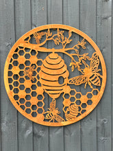 Indlæs billede til gallerivisning Handmade rusty 60cm rusty wall plaque of bees and honeycomb Tree Wall Plaque, rusty patina , Garden Wall Art - Marissa's Garden & Gift