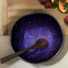 Load image into Gallery viewer, Handmade hand painted purple feather design food safe coconut bowl and spoon Set with free gift bamboo straw and gift box
