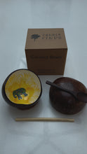 Load and play video in Gallery viewer, Handmade hand painted white and yellow with elephant  design food safe coconut bowl and spoon Set with free gift bamboo straw and gift box
