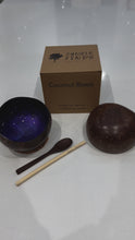 Load and play video in Gallery viewer, Handmade hand painted purple feather design food safe coconut bowl and spoon Set with free gift bamboo straw and gift box
