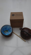 Load and play video in Gallery viewer, Handmade hand painted white &amp; dark blue with elephant  design food safe coconut bowl and spoon Set with free gift bamboo straw and gift box
