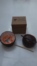 Load and play video in Gallery viewer, Handmade hand painted white and orange with elephant  design food safe coconut bowl and spoon Set with free gift bamboo straw and gift box
