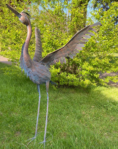 Large Bronze with a blue brush Metal Heron Garden Sculpture 107cm for outdoors