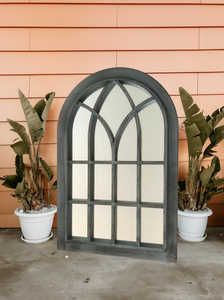 Belgravia Grey with black touch arched Outdoor/Indoor mirror measuring 76 x 51 x 4cm