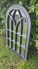 Load and play video in Gallery viewer, Ambleside Silver with black touch arched Outdoor/Indoor mirror measuring 72 x 52 x 3cm
